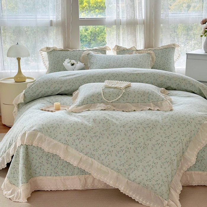 91家纺网 家纺一手货源 找家纺 添越家纺2025新款纯棉砂洗床盖三件套四件套系列春田-绿