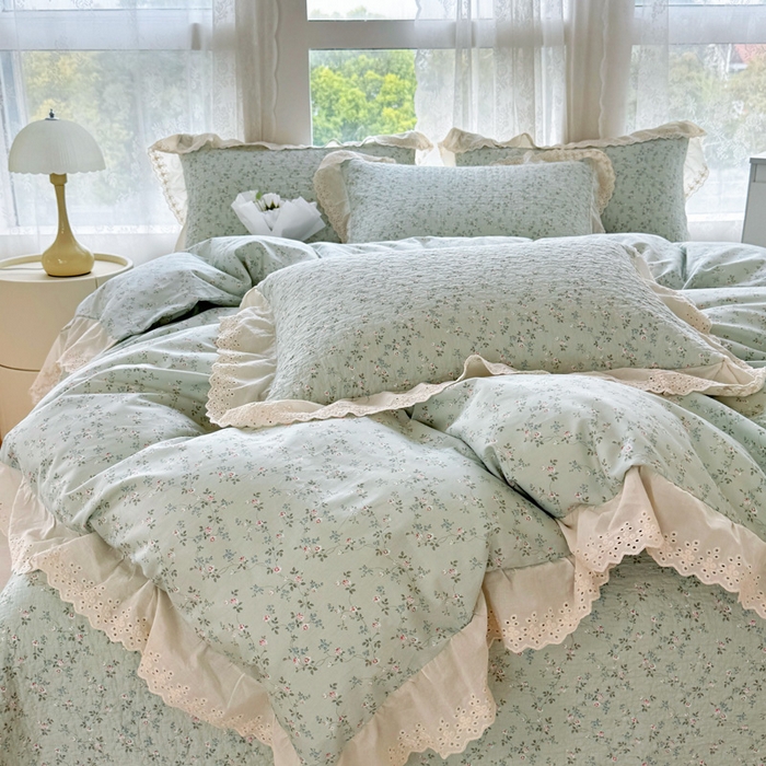 91家纺网 家纺一手货源 找家纺 添越家纺2025新款纯棉砂洗床盖三件套四件套系列春田-绿