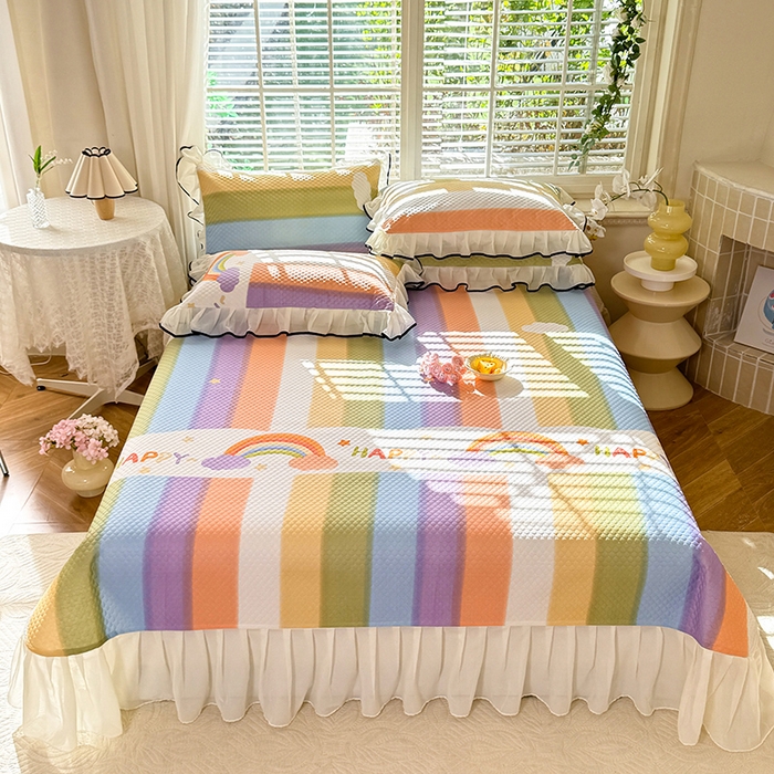 91家纺网 家纺一手货源 找家纺 金盛皇朝家纺 2025夏季新款冰丝凉豆豆床盖凉席 绚丽彩虹