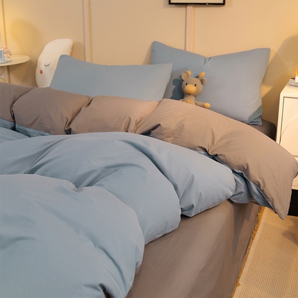 91家纺网 家纺一手货源 找家纺 （总）缦绣阁家纺 2025新款亲肤水洗棉纯色双拼四件套简约风床单款床笠款四件套宿舍三件套