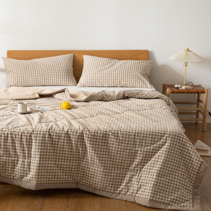 缦绣阁家纺 2025春夏新款无印风格子夏凉被亲肤柔软裸睡级色织水洗棉大豆夏被空调被可机洗凉感夏被 棕小格