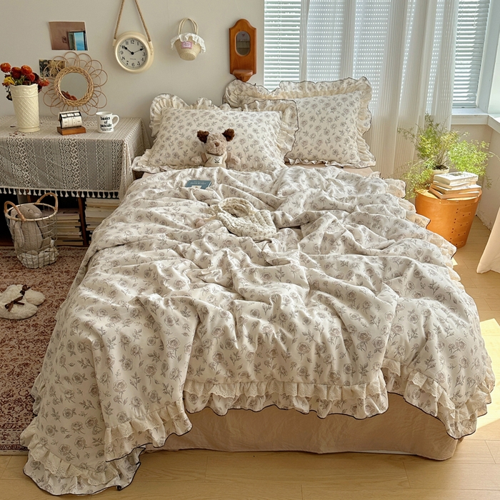 91家纺网 家纺一手货源 找家纺 轻奢坊 2025新款复古风双层纱水洗棉夏被四件套 夏被-玫瑰