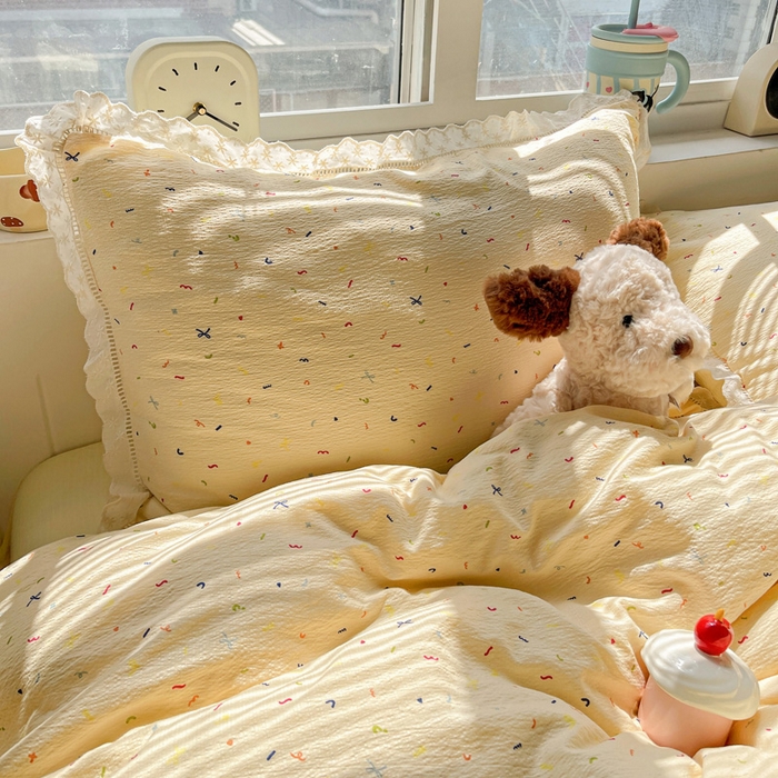 91家纺网 家纺一手货源 找家纺 2025新款云感木棉皱皱双层纱全棉花边四件套 芝士奶酪