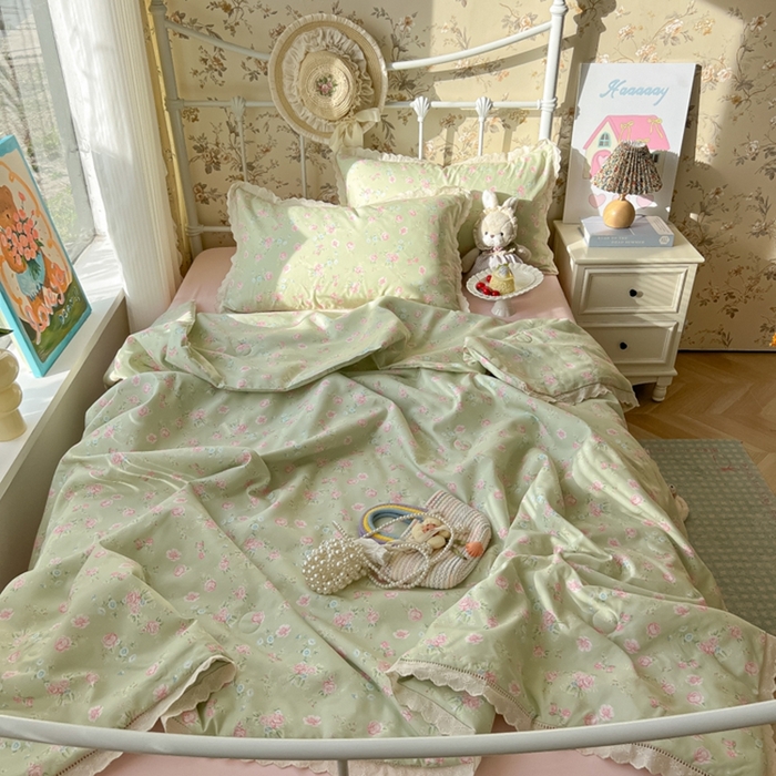 91家纺网 家纺一手货源 找家纺 （总）子钦家纺 2025新款韩版碎花法式风情花边水洗棉夏被夏凉被空调被四件套-风格二