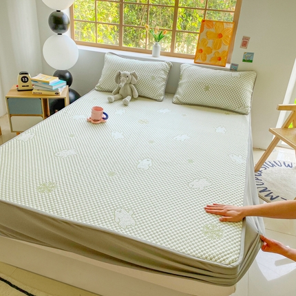 千朵 2025新款凉感PE冰豆豆提花床笠款凉席 雪花熊绿