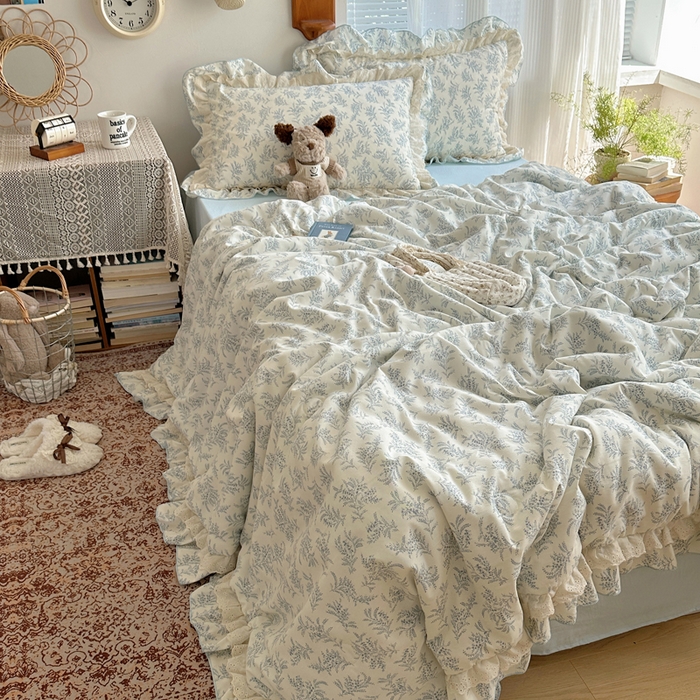 91家纺网 家纺一手货源 找家纺 轻奢坊 2025新款复古风双层纱水洗棉夏被四件套 夏被-麦穗蓝