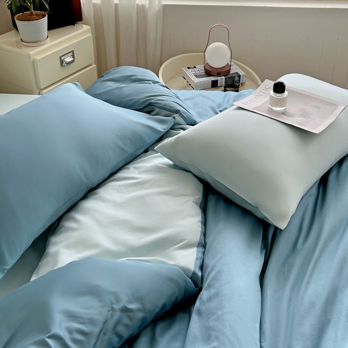 91家纺网 家纺一手货源 找家纺 耀悦家纺 2025春夏新款A类拼色60支全棉纯棉四件套-第三波 深海蓝+海盐蓝