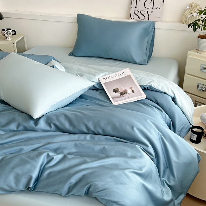 91家纺网 家纺一手货源 找家纺 耀悦家纺 2025春夏新款A类拼色60支全棉纯棉四件套-第三波 深海蓝+海盐蓝