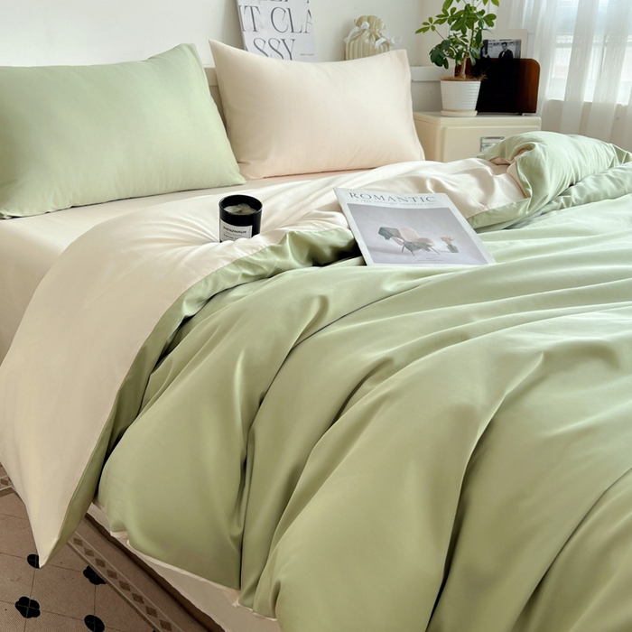 91家纺网 家纺一手货源 找家纺 耀悦家纺 2025春夏新款A类拼色60支全棉纯棉四件套-第三波 抹茶绿+灵动白桃