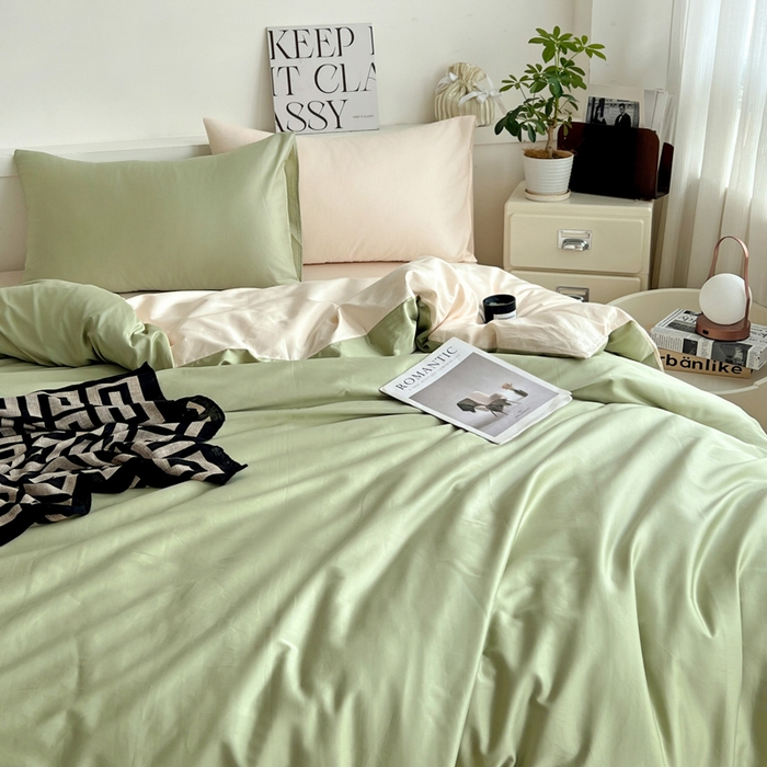 91家纺网 家纺一手货源 找家纺 耀悦家纺 2025春夏新款A类拼色60支全棉纯棉四件套-第三波 抹茶绿+灵动白桃