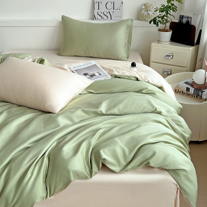 91家纺网 家纺一手货源 找家纺 耀悦家纺 2025春夏新款A类拼色60支全棉纯棉四件套-第三波 抹茶绿+灵动白桃