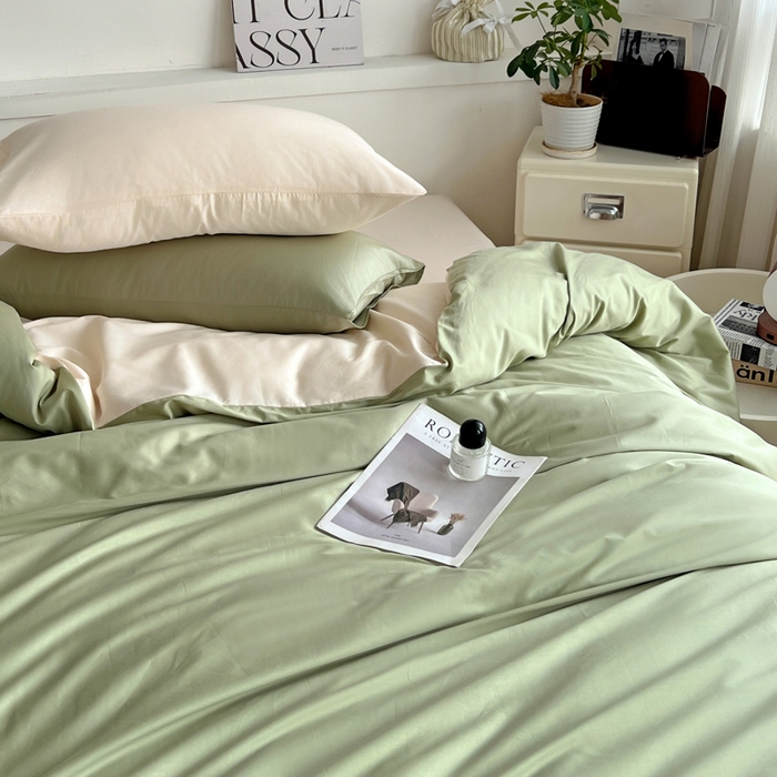 91家纺网 家纺一手货源 找家纺 耀悦家纺 2025春夏新款A类拼色60支全棉纯棉四件套-第三波 抹茶绿+灵动白桃