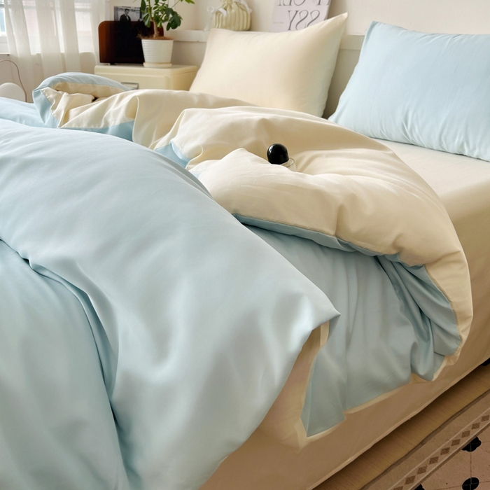 耀悦家纺 2025春夏新款A类拼色60支全棉纯棉四件套-第三波 海艳蓝+暖阳黄