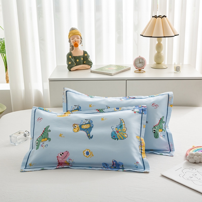 91家纺网 家纺一手货源 找家纺 萌番宝 2025春夏新款60支长绒棉全棉儿童卡通枕套工艺学生A类枕套单枕套 涂鸦龙