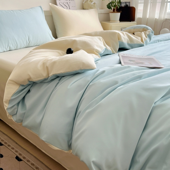 91家纺网 家纺一手货源 找家纺 耀悦家纺 2025春夏新款A类拼色60支全棉纯棉四件套-第三波 海艳蓝+暖阳黄