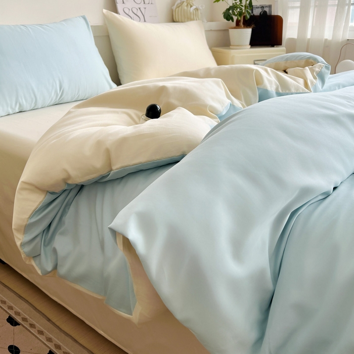 91家纺网 家纺一手货源 找家纺 耀悦家纺 2025春夏新款A类拼色60支全棉纯棉四件套-第三波 海艳蓝+暖阳黄