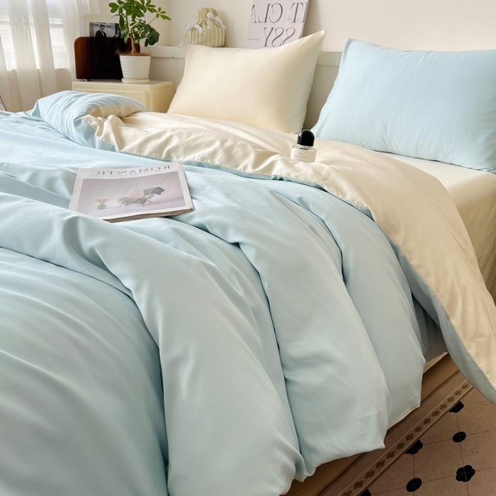 91家纺网 家纺一手货源 找家纺 耀悦家纺 2025春夏新款A类拼色60支全棉纯棉四件套-第三波 海艳蓝+暖阳黄