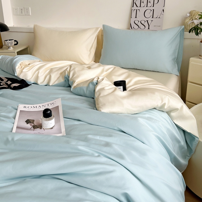 91家纺网 家纺一手货源 找家纺 耀悦家纺 2025春夏新款A类拼色60支全棉纯棉四件套-第三波 海艳蓝+暖阳黄