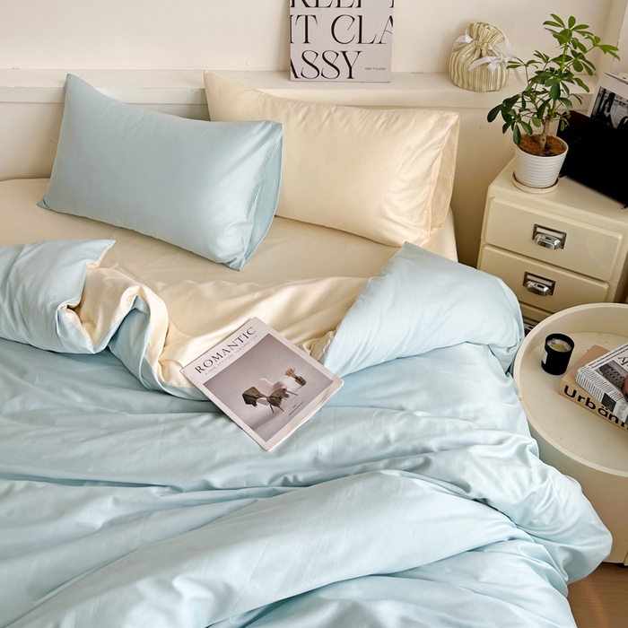 91家纺网 家纺一手货源 找家纺 耀悦家纺 2025春夏新款A类拼色60支全棉纯棉四件套-第三波 海艳蓝+暖阳黄