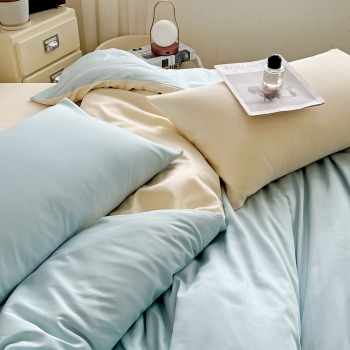 91家纺网 家纺一手货源 找家纺 耀悦家纺 2025春夏新款A类拼色60支全棉纯棉四件套-第三波 海艳蓝+暖阳黄