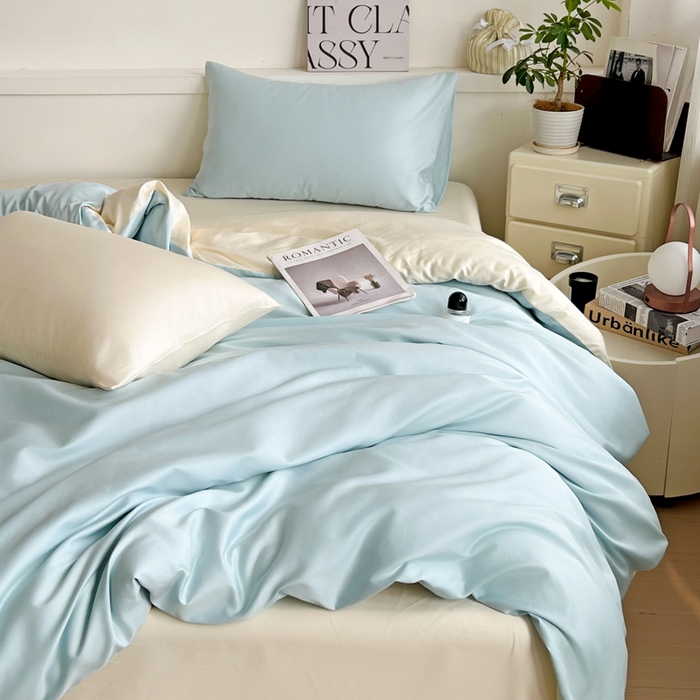 91家纺网 家纺一手货源 找家纺 耀悦家纺 2025春夏新款A类拼色60支全棉纯棉四件套-第三波 海艳蓝+暖阳黄