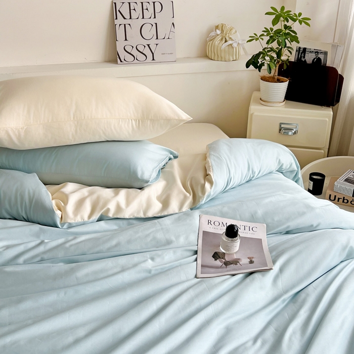 91家纺网 家纺一手货源 找家纺 耀悦家纺 2025春夏新款A类拼色60支全棉纯棉四件套-第三波 海艳蓝+暖阳黄