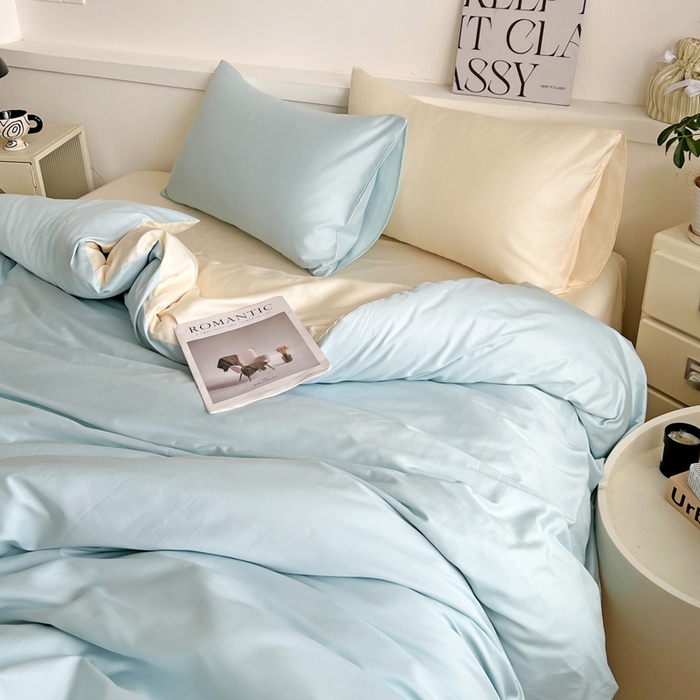 91家纺网 家纺一手货源 找家纺 耀悦家纺 2025春夏新款A类拼色60支全棉纯棉四件套-第三波 海艳蓝+暖阳黄