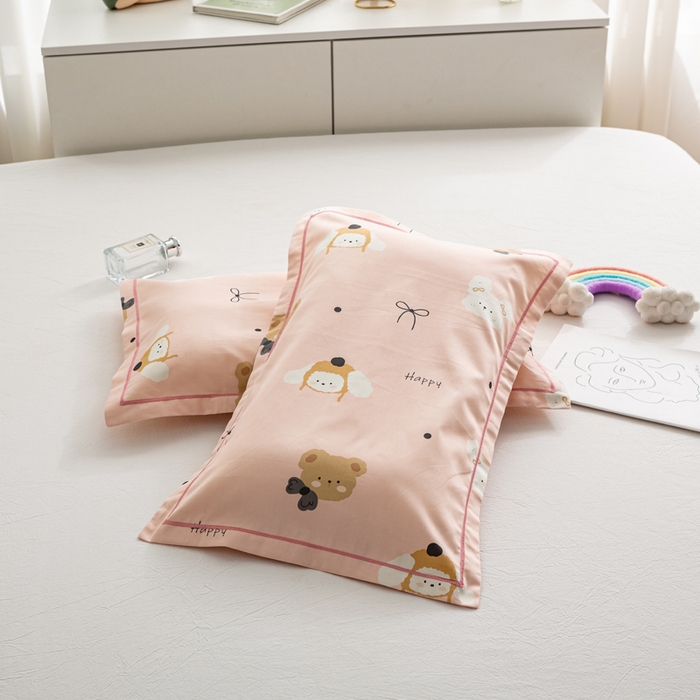 萌番宝 2025春夏新款60支长绒棉全棉儿童卡通枕套工艺学生A类枕套单枕套 粉の熊