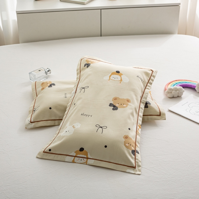 萌番宝 2025春夏新款60支长绒棉全棉儿童卡通枕套工艺学生A类枕套单枕套 咖の熊
