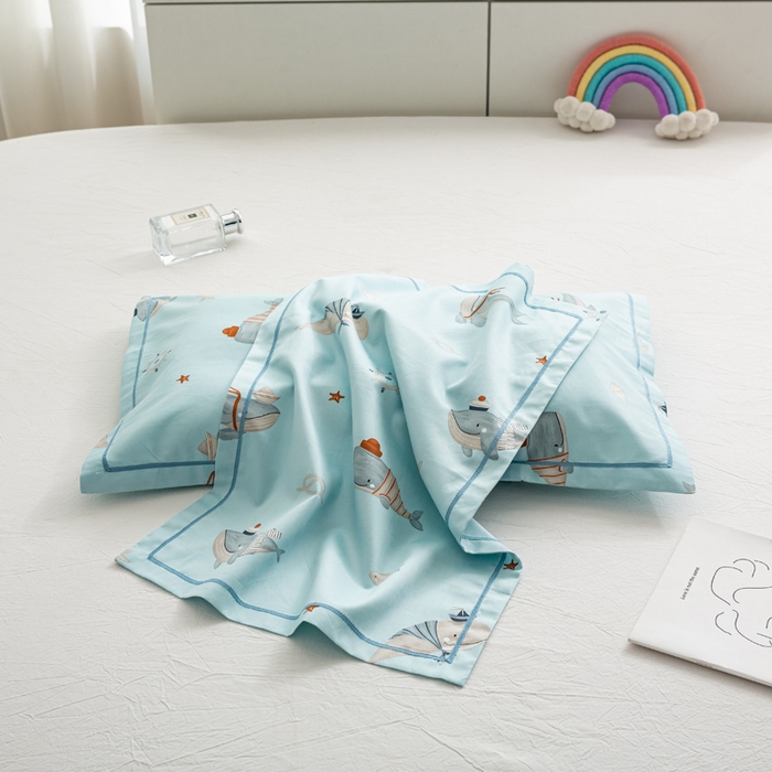 91家纺网 家纺一手货源 找家纺 萌番宝 2025春夏新款60支长绒棉全棉儿童卡通枕套工艺学生A类枕套单枕套 深海鱼