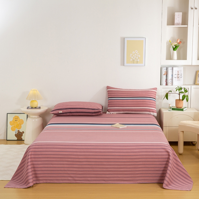 91家纺网 家纺一手货源 找家纺 红日子纺织品 2025新款直播热卖原棉老粗布印花床单三件套 条纹控