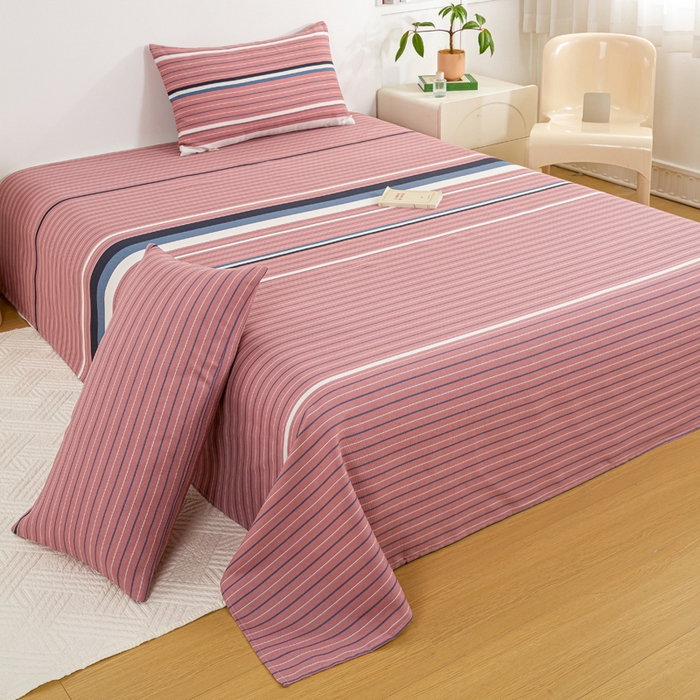 91家纺网 家纺一手货源 找家纺 红日子纺织品 2025新款直播热卖原棉老粗布印花床单三件套 条纹控