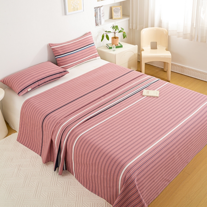 91家纺网 家纺一手货源 找家纺 红日子纺织品 2025新款直播热卖原棉老粗布印花床单三件套 条纹控