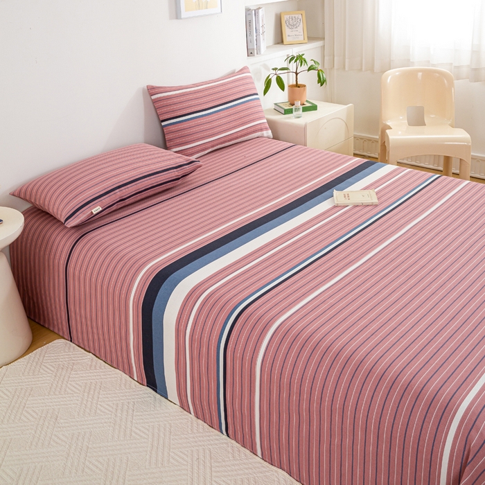 91家纺网 家纺一手货源 找家纺 红日子纺织品 2025新款直播热卖原棉老粗布印花床单三件套 条纹控