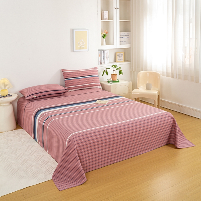 91家纺网 家纺一手货源 找家纺 红日子纺织品 2025新款直播热卖原棉老粗布印花床单三件套 条纹控