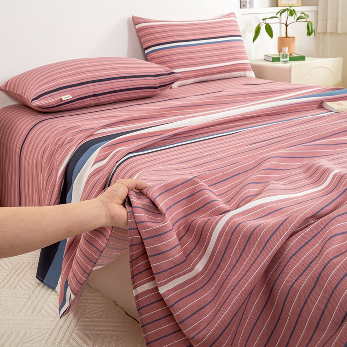 91家纺网 家纺一手货源 找家纺 红日子纺织品 2025新款直播热卖原棉老粗布印花床单三件套 条纹控