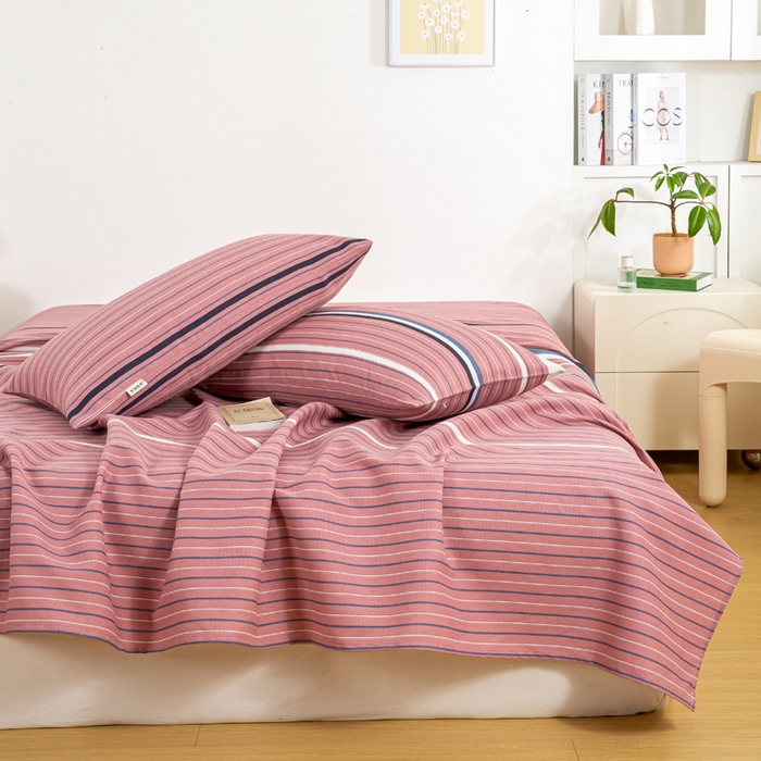 91家纺网 家纺一手货源 找家纺 红日子纺织品 2025新款直播热卖原棉老粗布印花床单三件套 条纹控