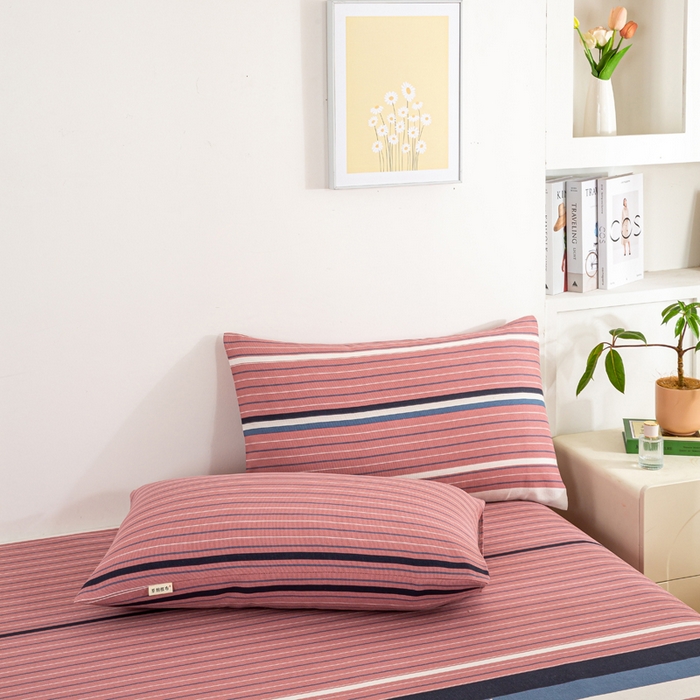 91家纺网 家纺一手货源 找家纺 红日子纺织品 2025新款直播热卖原棉老粗布印花床单三件套 条纹控