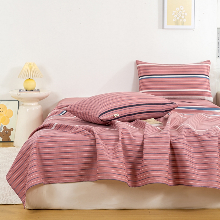 91家纺网 家纺一手货源 找家纺 红日子纺织品 2025新款直播热卖原棉老粗布印花床单三件套 条纹控