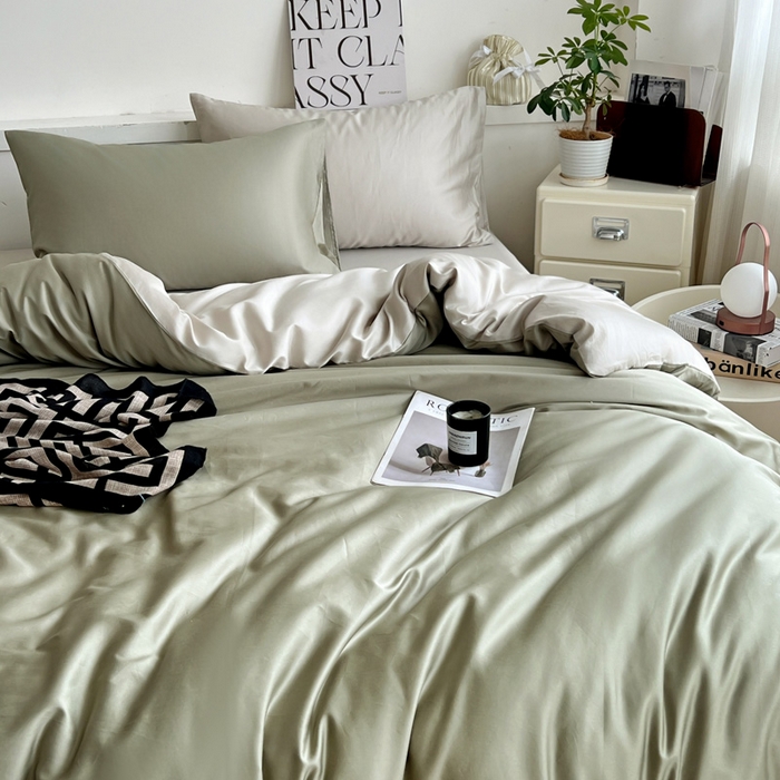 91家纺网 家纺一手货源 找家纺 耀悦家纺 2025春夏新款A类拼色60支全棉纯棉四件套-第三波 沙茶绿+古典灰