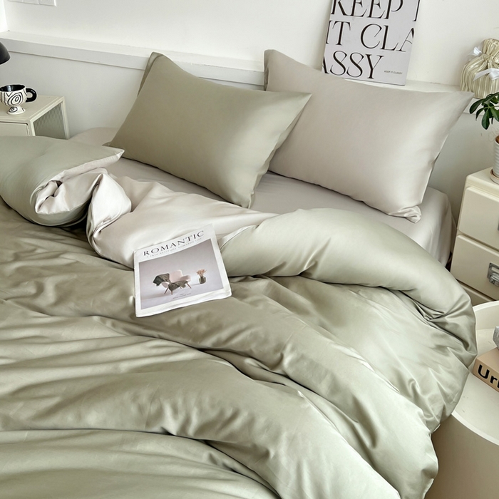 91家纺网 家纺一手货源 找家纺 耀悦家纺 2025春夏新款A类拼色60支全棉纯棉四件套-第三波 沙茶绿+古典灰