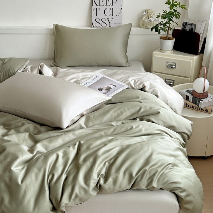 91家纺网 家纺一手货源 找家纺 耀悦家纺 2025春夏新款A类拼色60支全棉纯棉四件套-第三波 沙茶绿+古典灰