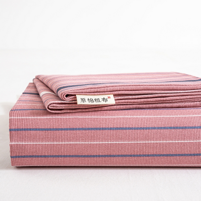 红日子纺织品 2025新款直播热卖原棉老粗布印花床单三件套 条纹控