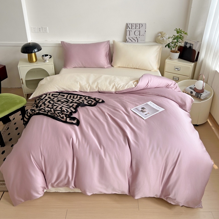 91家纺网 家纺一手货源 找家纺 耀悦家纺 2025春夏新款A类拼色60支全棉纯棉四件套-第三波 优雅紫+暖阳黄