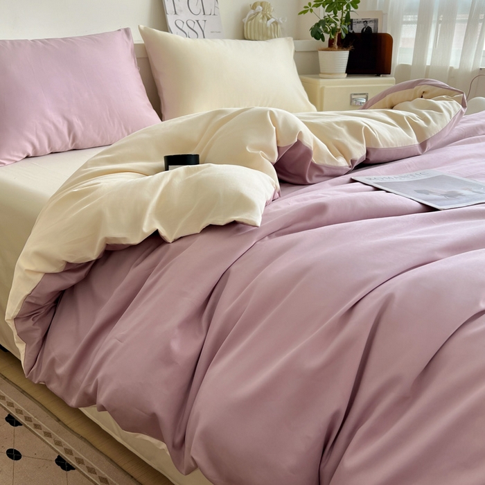 91家纺网 家纺一手货源 找家纺 耀悦家纺 2025春夏新款A类拼色60支全棉纯棉四件套-第三波 优雅紫+暖阳黄