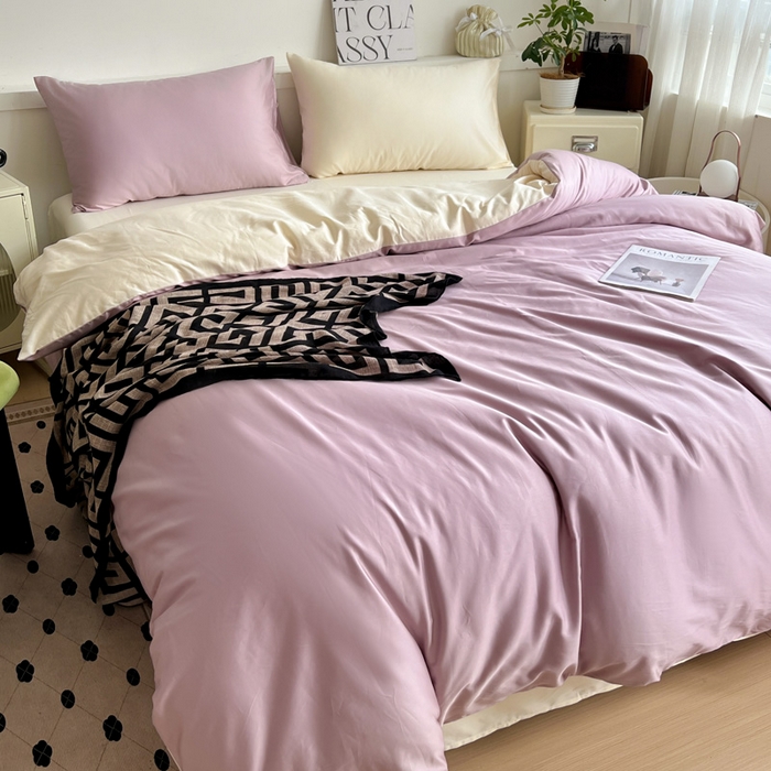 91家纺网 家纺一手货源 找家纺 耀悦家纺 2025春夏新款A类拼色60支全棉纯棉四件套-第三波 优雅紫+暖阳黄