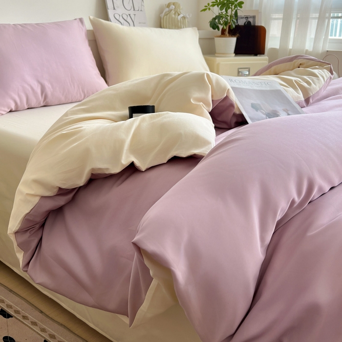 91家纺网 家纺一手货源 找家纺 耀悦家纺 2025春夏新款A类拼色60支全棉纯棉四件套-第三波 优雅紫+暖阳黄