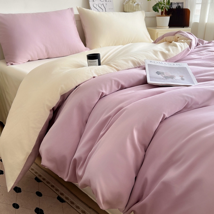 91家纺网 家纺一手货源 找家纺 耀悦家纺 2025春夏新款A类拼色60支全棉纯棉四件套-第三波 优雅紫+暖阳黄