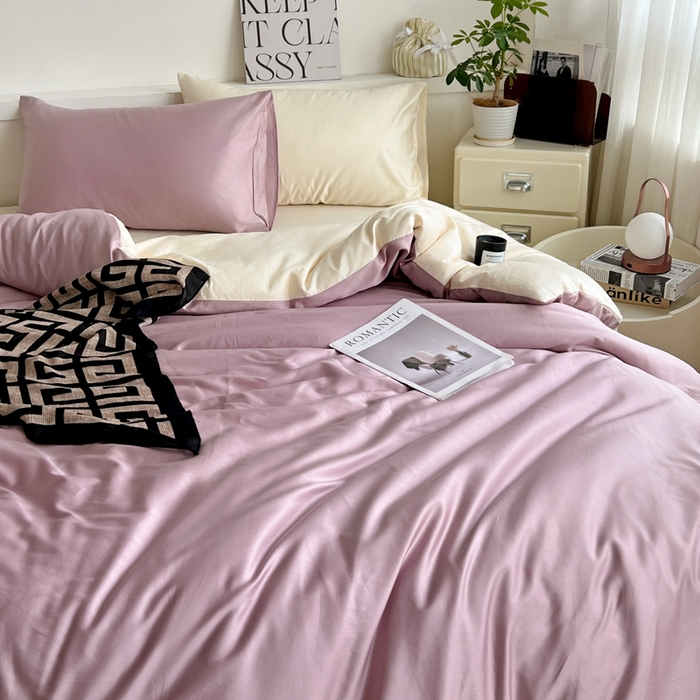 91家纺网 家纺一手货源 找家纺 耀悦家纺 2025春夏新款A类拼色60支全棉纯棉四件套-第三波 优雅紫+暖阳黄