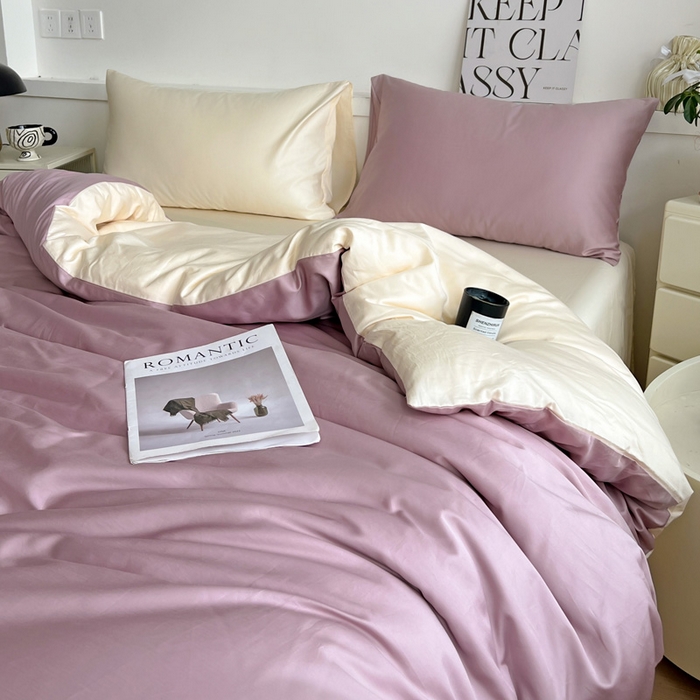 91家纺网 家纺一手货源 找家纺 耀悦家纺 2025春夏新款A类拼色60支全棉纯棉四件套-第三波 优雅紫+暖阳黄